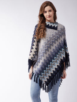 Modeve - Womens Navy Blue Self Design Poncho