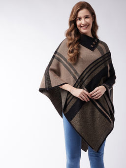 Modeve - Womens Fuzzy Detail Coffee Brown Stripes Poncho