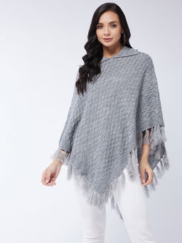 Modeve - Womens Fuzzy Detail Grey Poncho