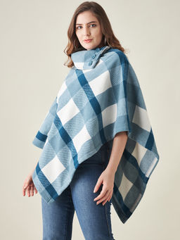 Modeve - Womens Teal Checks Acrylic Poncho