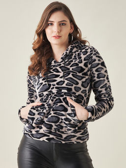 Modeve - Womens Grey Fleece Animal Pattern Winter Hoodie
