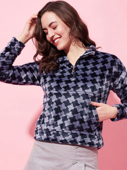 Modeve - Womens Navy Blue Self Design Quarter-Zip Winter Hoodie