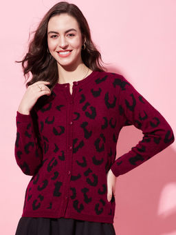 Modeve - Womens Round Neck Casual Maroon Winter Cardigan