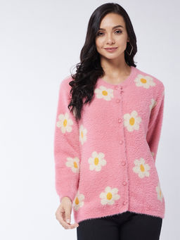 Modeve - Womens Floral Round Neck Casual Pink Cardigan
