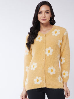 Modeve - Womens Floral Round Neck Casual Yellow Cardigan