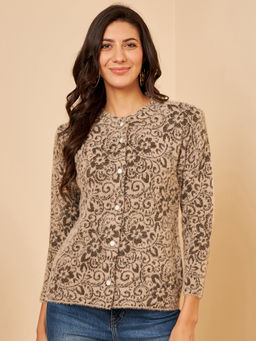 Modeve - Womens Beige Floral Print Round Neck Winter Cardigan