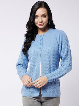 Modeve - Blue Self Design Round Neck Casual Cardigan
