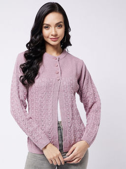 Modeve - Pink Self Design Round Neck Casual Cardigan