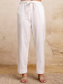 Anurang - Womens White Cotton Solid Straight Fit Trouser
