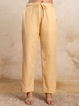 Anurang - Womens Yellow Cotton Solid Straight Fit Trouser