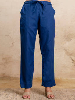 Anurang - Womens Blue Cotton Solid Straight Fit Trouser