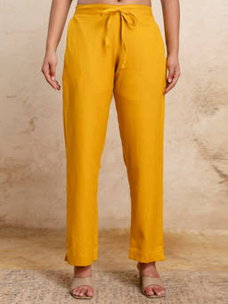 Anurang - Womens Mustard Cotton Solid Straight Fit Trouser