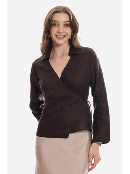 Virgio - Womens Solid Linen Wrap Tie-Up Top