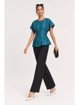Virgio - Womens Solid Viscose Cinched Waist Sheer Sleeve Top