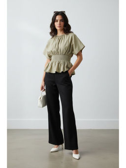 Virgio - Womens Solid Cotton Smocked Waist Peplum Top