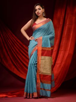 CHARUKRITI - Sapphire Blue Cotton Silk Zari Borders and Gheecha Pallu Saree with Unstitched Blouse