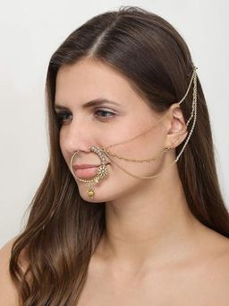 Accessher - Gold Plated Antique Kundan Nath with Triple Chains for Women