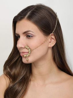 Accessher - Gold Plated Traditional Vilandi Kundan Nath with Beads Chain for Women