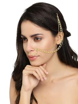 Accessher - Gold Color Copper Material Kundan and Pearls Nath with Triple Chain