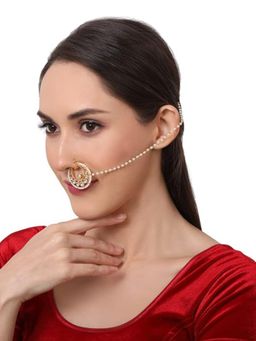 Accessher - Gold Plated Traditional Pachi Kundan Nath with Pearl Chain for Women