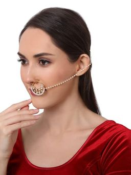 Accessher - Gold-Plated Kundan Stone and Pearl-Studded Chained Nath for Women