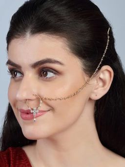 Accessher - Gold Plated Delicate Ad Non Piercing Nath with Chain for Women