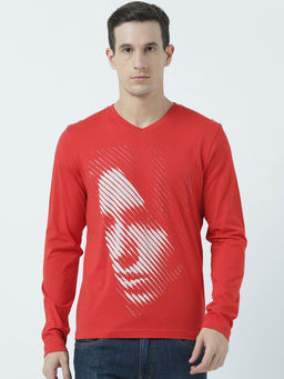 Huetrap - Mens Red Full Sleeves V Neck T-shirt
