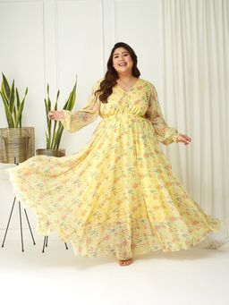 Miss Chase - A+ Curve Collection Plus Size Women's Base-Lime Yellow Chiffon Maxi Dress