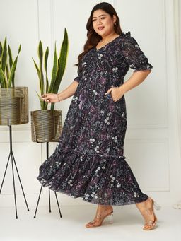 Miss Chase - A+ Curve Collection Plus Size Women's Floral Ruching Georgette Maxi Dress