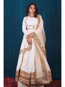 SAUBHAGYA - Off-White and Gold Upada Silk Anarkali with Heavy Dupatta (Set of 2)