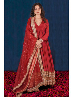 SAUBHAGYA - Red Upada Silk Anarkali and Red Heavy Dupatta (Set of 2)