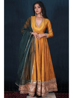 SAUBHAGYA - Mustard Silk Gota Work Anarkali and Dupatta (Set of 2)