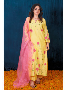 SAUBHAGYA - Yellow Silk Chanderi Floral Embellished Kurta with Pant and Dupatta (Set of 3)