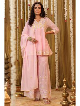 Scakhi - Women Pink Pure Cotton Embroidered Kurta with Sharara and Dupatta (Set of 3)