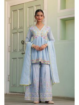 Scakhi - Women Blue Pure Cotton Embroidered Kurta with Sharara and Dupatta (Set of 3)