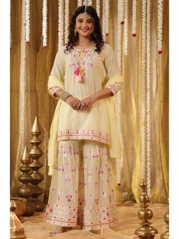 Scakhi - Women Yellow Pure Cotton Embroidered Kurta with Sharara and Dupatta (Set of 3)
