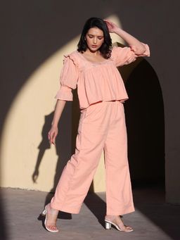 CUSTARD - Women Peach Cotton Solid Co-Ord (Set of 2)