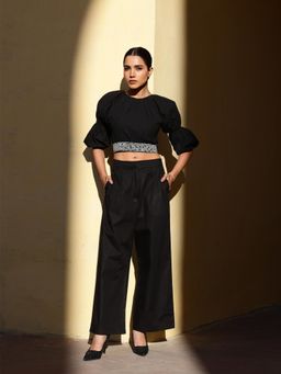 CUSTARD - Women Black Cotton Solid Co-Ord (Set of 2)