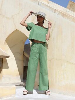 CUSTARD - Women Green Cotton Solid Co-Ord (Set of 2)