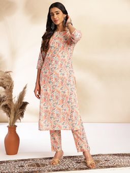 CUSTARD - Women Beige Cotton Floral Kurta with Pant (Set of 2)