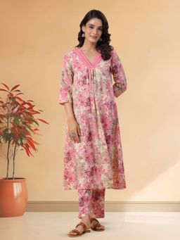 CUSTARD - Women Pink Cotton Floral Kurta with Pant (Set of 2)