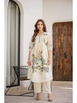 CUSTARD - Women Off White Cotton Floral Kurta with Pant (Set of 2)