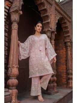 CUSTARD - Women Pink Cotton Embroidered Kurta with Palazzo (Set of 2)