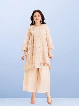 CUSTARD - Women Beige Cotton Embroidered Co-Ord (Set of 2)