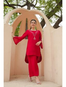CUSTARD - Women Red Cotton Embroidered Co-Ord (Set of 2)