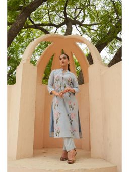 CUSTARD - Women Blue Cotton Floral Kurta with Pant (Set of 2)