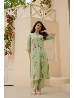 CUSTARD - Women Green Cotton Floral Kurta with Pant (Set of 2)