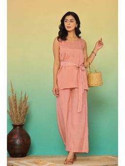 Kasya - Women Pink Muslin Solid Kurta with Palazzo and Belt (Set of 3)