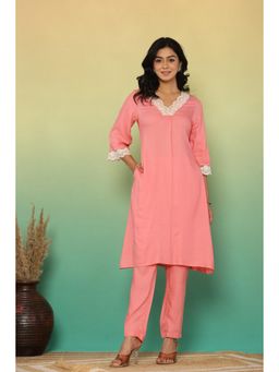 Kasya - Women Pink Viscose Textured Kurta with Pant (Set of 2)