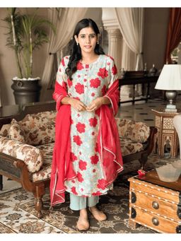 GULABI DORI - Women Green Cotton Floral Kurta with Pant and Dupatta (Set of 3)